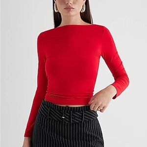 Express Fitted Boat Neck Long Sleeve in Red